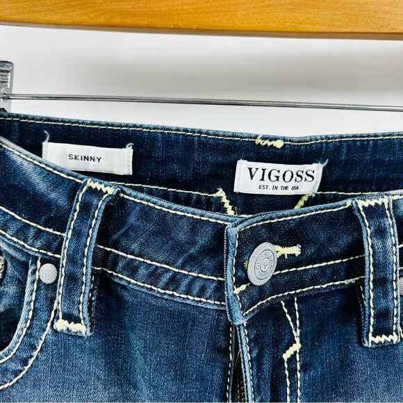 Vigoss Blue Washed Heritage Mid Rise Embroidered Hem Skinny Jeans 12 Maurice’s - Picture 4 of 6